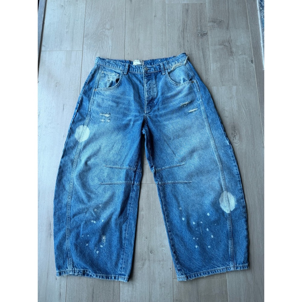 We The Free Free People Barrel Leg Distressed Paint Splatter Jeans Blue Size 30